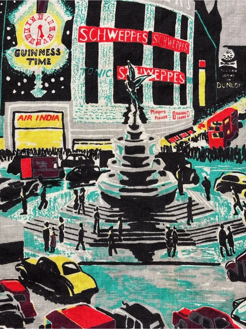 Vintage Souvenir Piccadilly Circus London Tea Towel Mid Century Street Scene